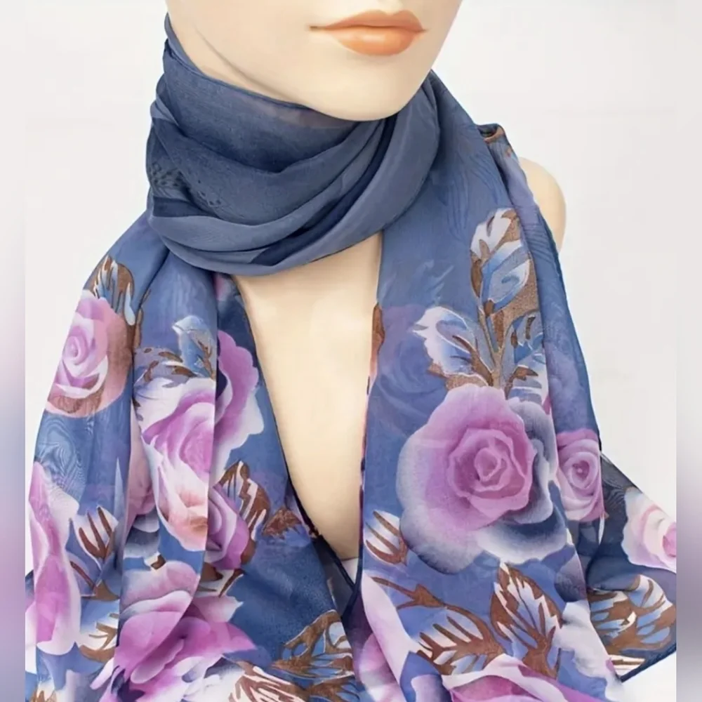 Women's Lightweight Chiffon Floral Print Scarf, Colorful Flower Shawl, T10MIS